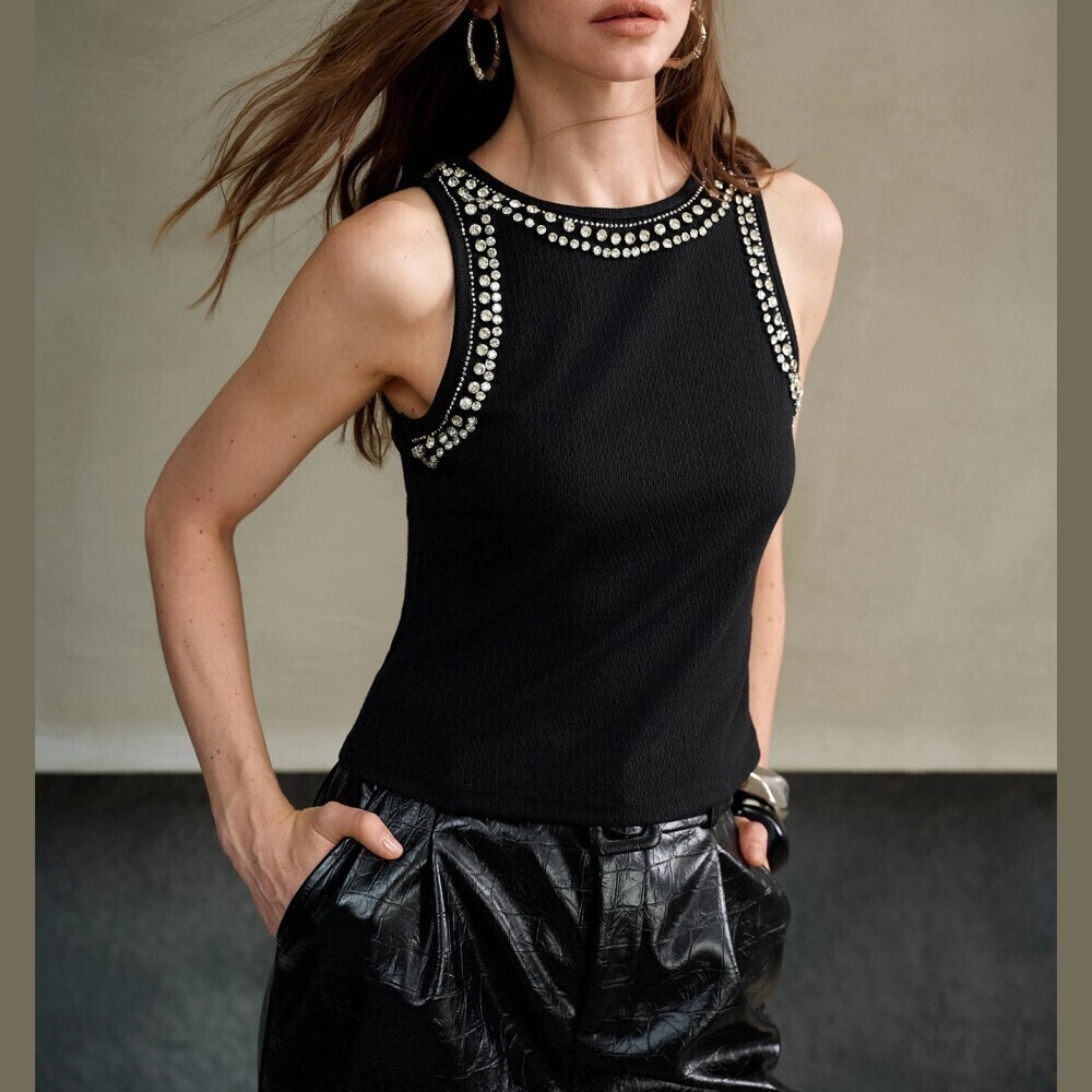 Black Rhinestone Trim Round Neck Slim Fit Tank Top